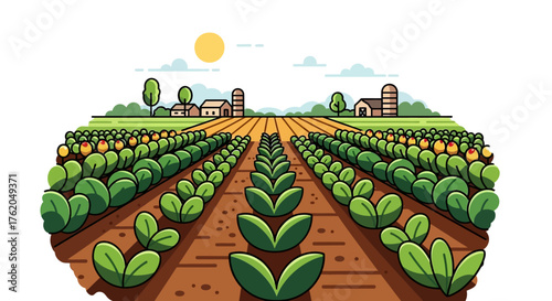 Cartoon Farm Field with Rows of Green Plants and Yellow Fruits, Agriculture