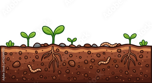 Cartoon Illustration of Soil Cross-Section with Growing Plants and Worms