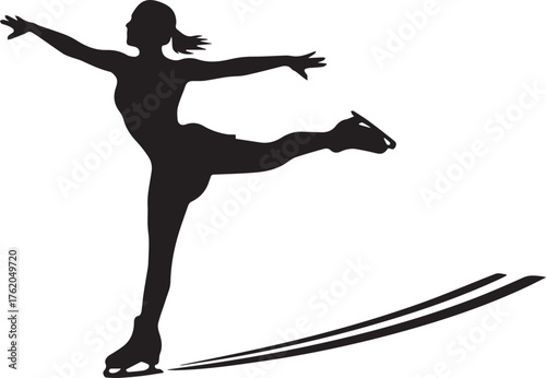 Black silhouette of a female figure skater performing on ice with stylized motion lines figure skating