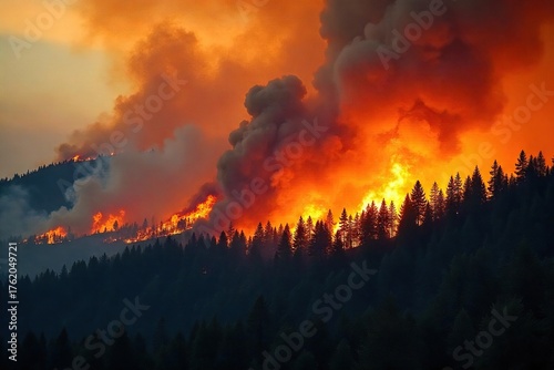 Raging Wildfire Aerial View of Fiery Flames Devouring a Dense Pine Forest, Smoke Billowing into the Ashen Sky.  A Powerful Image of Environmental Destruction and Global Warmings Impact.