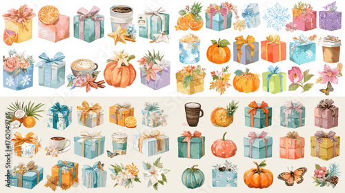 Watercolor collection of pastel gift boxes with bows, pumpkins, coffee cups, and flowers. Perfect for autumn, Thanksgiving, or seasonal greeting card designs.
