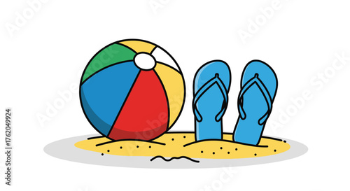 Vibrant beach ball and stylish sandals on sandy vacation island illustration