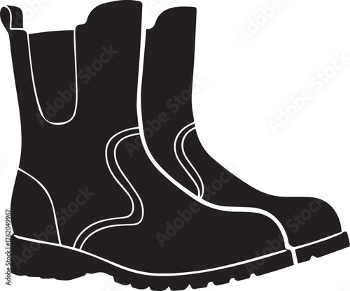 Black silhouette of a pair of sturdy work boots with white outline detail footwear black and white