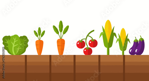 Flat Design Vegetable Garden with Lettuce, Carrots, Tomatoes, Corn, and Eggplants