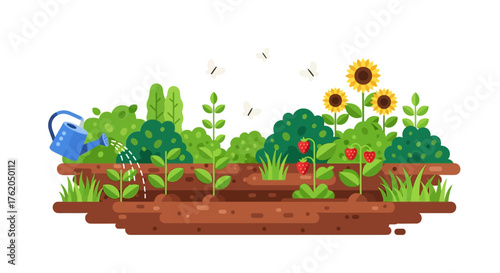 Flat Vector Garden Scene with Plants, Sunflowers, Strawberries, Bushes, Butterflies, and Watering Can