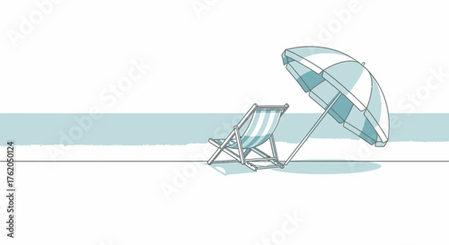 Relaxing beach chair scene with umbrella and blue ocean sketch style