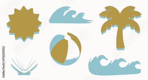 Summer beach elements including sun waves palm seashell and beachball