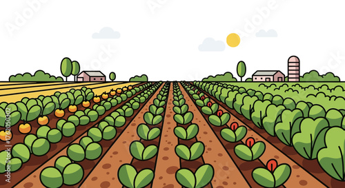 Vector Illustration of a Farm Field with Rows of Crops and Buildings