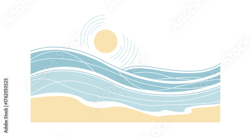 Stylized ocean scenery, sun waves and beach, vector nature graphic