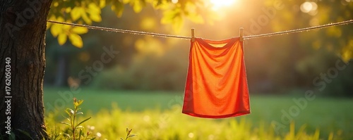Colorful Garment Gently Swaying on Rustic Clothesline in Soft Sunlight, Evoking Peace and Simple Living - Perfect for Minimalist Lifestyle Blogs