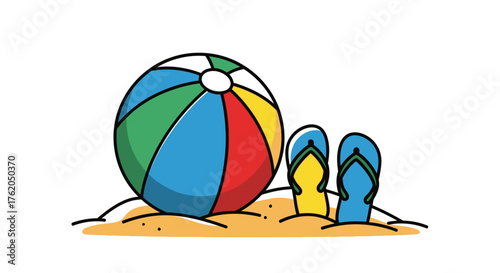 Summer beach ball and sandals flat illustration isolated on white background