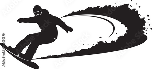 Black silhouette of a snowboarder carving a turn kicking up snow spray and powder white