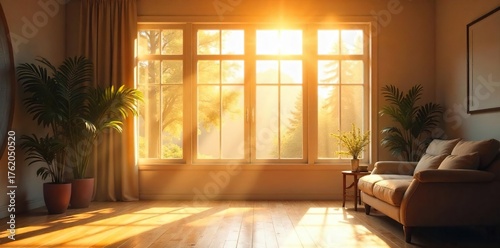 Sunlit Room Warm Light Streams Through Window, Dust Motes Dance in Airy Space, Perfect for New Beginnings