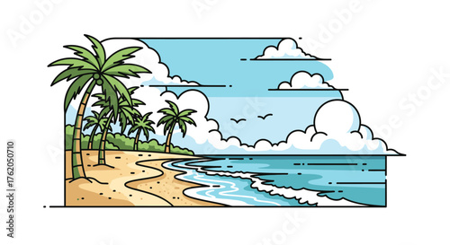 Idyllic beach scene with palm trees and ocean waves line art