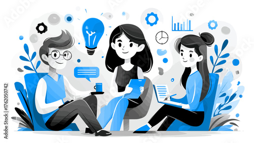 Modern Vector SVG Illustration of Business People with Light Bulb and Data Charts in Flat Style Blue Color Scheme