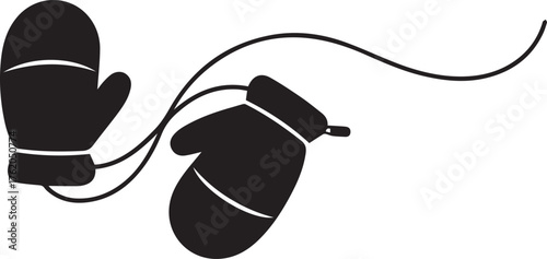 Black Silhouette of Two Mittens Connected by a String on a White Background gloves winter