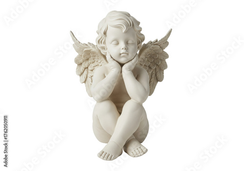 Canvas Print Sleeping cherub statue isolated on transparent background, angel figurine with w