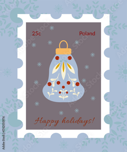 Christmas letter stamp. Decorative stamp for Christmas design. Stamps with mitting Christmas bell, Christmas tree decoration, bell,  Santa Claus, snowflake and Christmas tree toy	