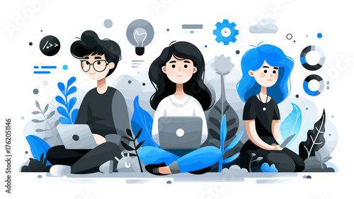 Modern Vector SVG Illustration of Three People Working with Laptops in Flat Design Style with Blue and Gray Color Palette