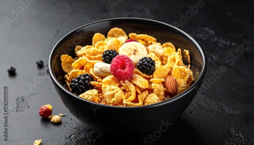 Bowl of cereal on a black background
