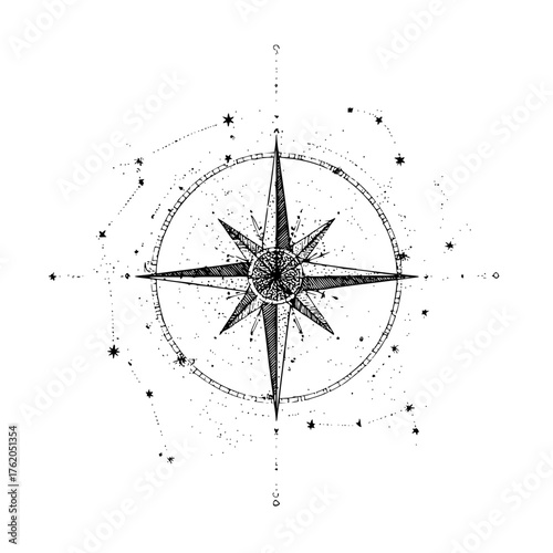 Vintage compass rose vector illustration with stars and nautical elements for travel and adventure designs
