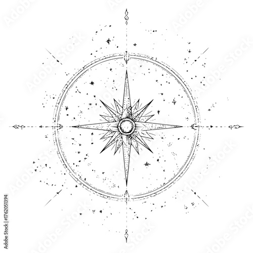 Vintage nautical compass rose drawing antique navigation tool clip art vector illustration for design and print