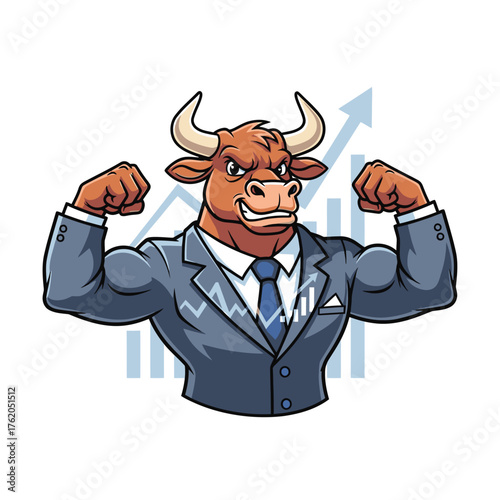 A muscular bull wearing a suit and tie flexes its biceps in front of a rising stock market graph, symbolizing financial growth and strength.