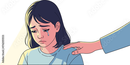 Illustration of a sad child crying, receiving comfort and support from a caring hand on her shoulder