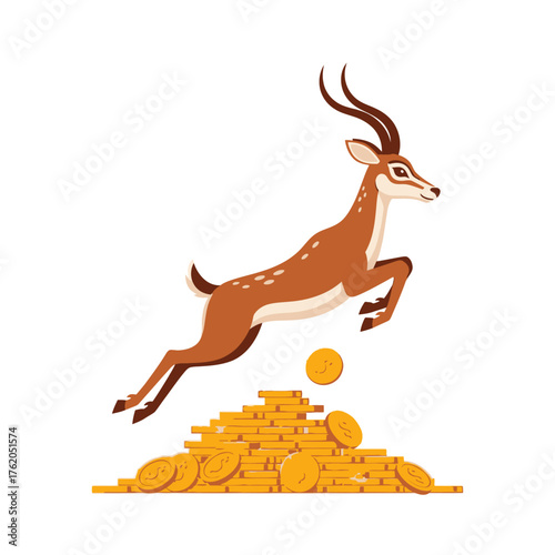 A gazelle leaps over a pile of gold coins, symbolizing wealth and prosperity.
