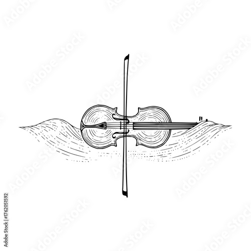 Violin drawing illustration with bow and wave design for classical music instrument enthusiasts and artists