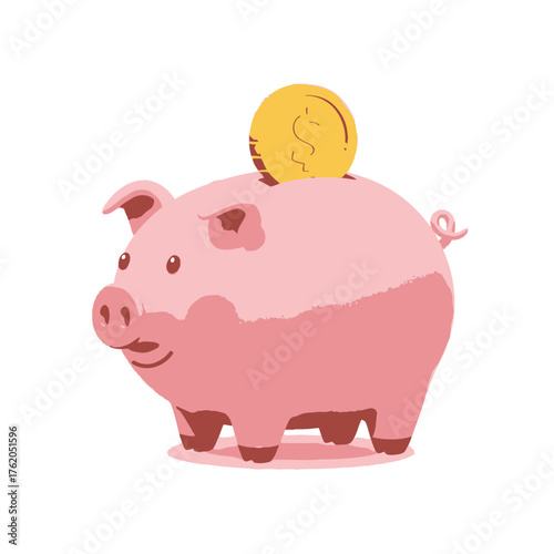 A cute pink piggy bank with a gold coin being inserted into its slot, symbolizing saving money.