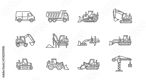 Construction and Heavy Machinery Icons A Collection of Industrial Vehicles and Equipment