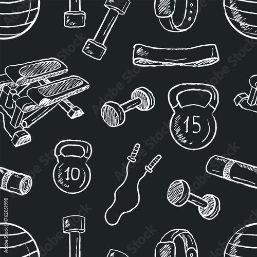 Hand drawn fitness equipment pattern. Vector sketch illustration in vintage crayon charcoal style. Dumbbells, kettlebells, stepper, yoga mat, jumping rope, fitball, smartwatch. Chalkboard design