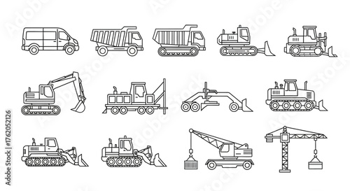 Construction Vehicles Vector Illustration of Various Heavy Machinery in a Monochrome Line Art Style