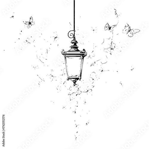 Vintage street lamp illustration with butterflies drawing black and white sketch design for home decor art