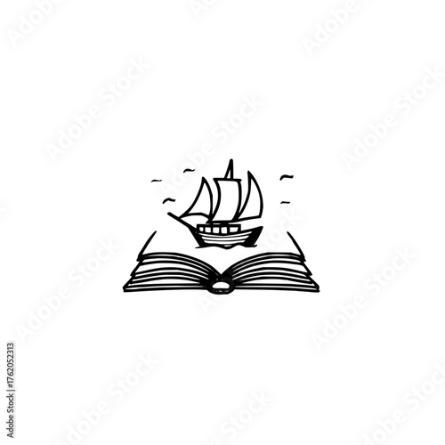 Book illustration of sailing ship on open book vector graphic design for education and literature 100