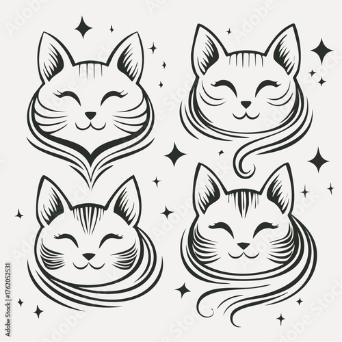 A comprehensive vector icon set of various cat faces and heads in simple and detailed styles. Ideal for tattoo designs, pet care branding, and animal welfare campaigns. Fully editable.