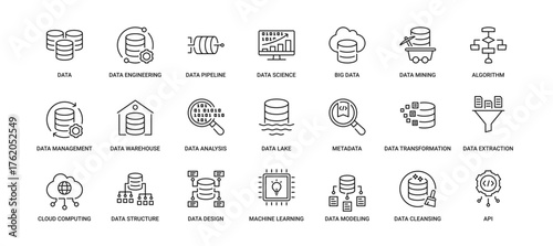 Data Icon Set containing data engineering, pipeline, science, big data, data mining, algorithm, management, analysis, metadata and API vector icons