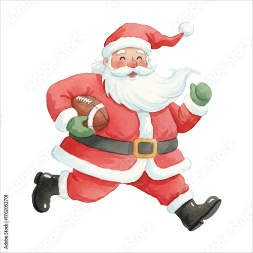 Santa Claus Playing American Football Watercolor Vector Illustration
