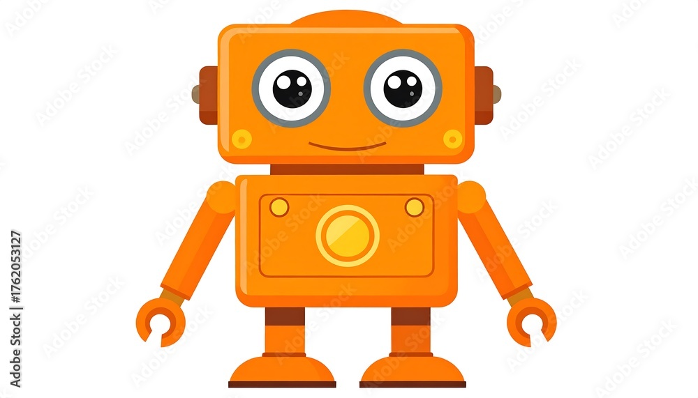 Fototapeta premium An adorable, simplistic orange robot with a rectangular head and body, cartoon eyes, and simple arms and legs, smiling
