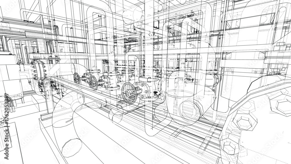 Obraz premium Complex Industrial Pipe Network Blueprint. Vector