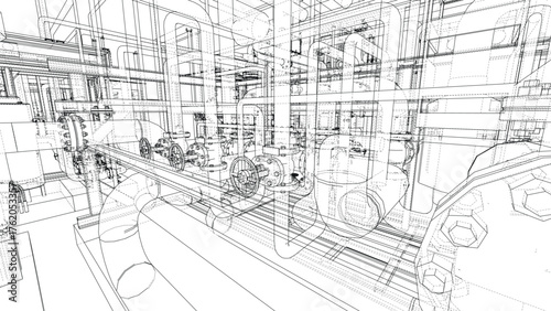 Complex Industrial Pipe Network Blueprint. Vector