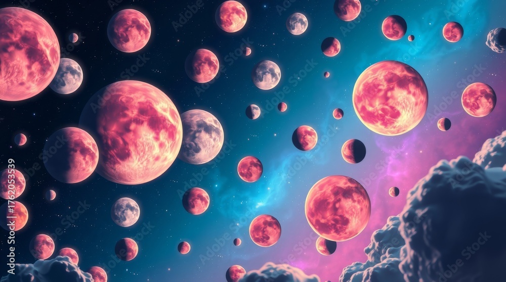 Naklejka premium Vast Cosmic Scene with Colorful Planets in Deep Space Filled with Stars and Nebulae for Science Fiction and Fantasy Themes
