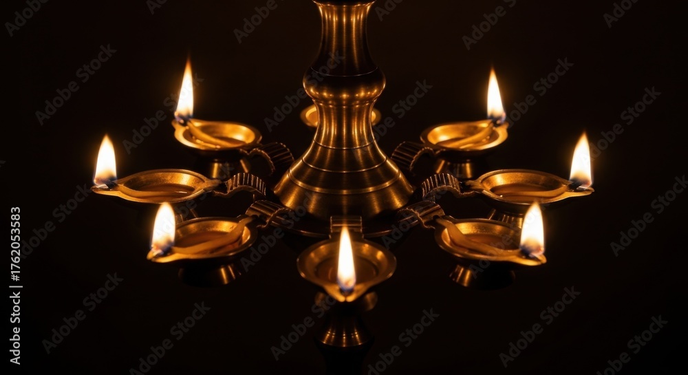 Fototapeta premium Traditional brass oil lamp with six flames for cultural celebrations and festive decor
