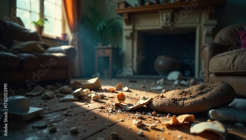 Aftermath of Domestic Violence A Distressed Home Interior Showing Chaos, Broken Furniture, and the Lingering Fear of a Violent Incident