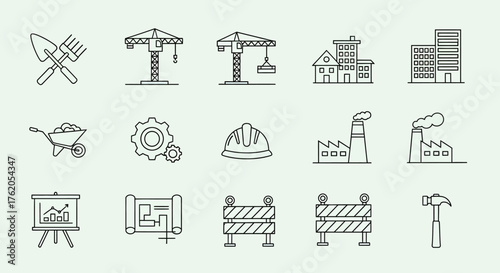 Vector illustration set of building and industrial outline icons. Includes crane, factory, helmet, and blueprint symbols for web design
