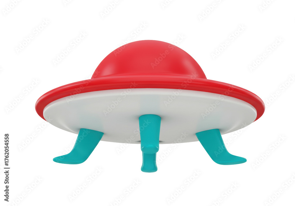 Fototapeta premium Red and white UFO spaceship isolated PNG, toy flying saucer with blue landing gear on transparent background