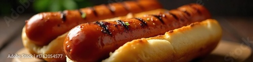 Juicy Grilled Bratwurst Hot Dogs on Toasted Buns, Perfect for Summer BBQs and Picnics
