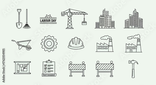 Collection of construction-related icons shovel, rake, crane, buildings, wheelbarrow, gear, and more. Vector set