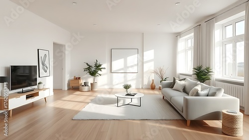A minimalist Scandinavian living room with modern furniture and neutral tones.Interior Design.
